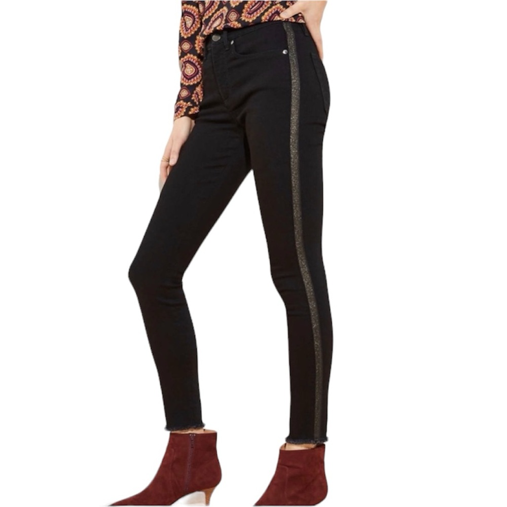 Loft Jeans Skinny Frayed Hem Black Gold Stripe NWT Women’s Size 27